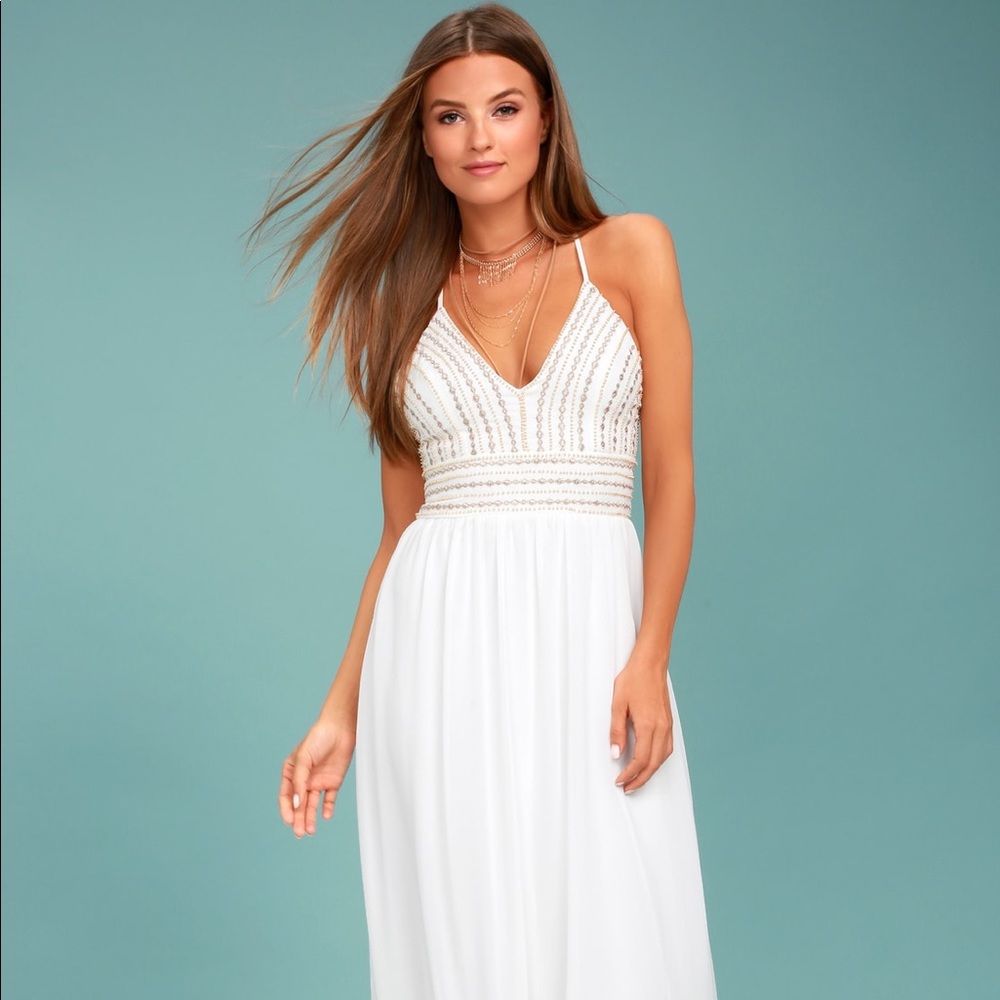 Lulu’s Meet Me in Madrid Beaded White Maxi Dress